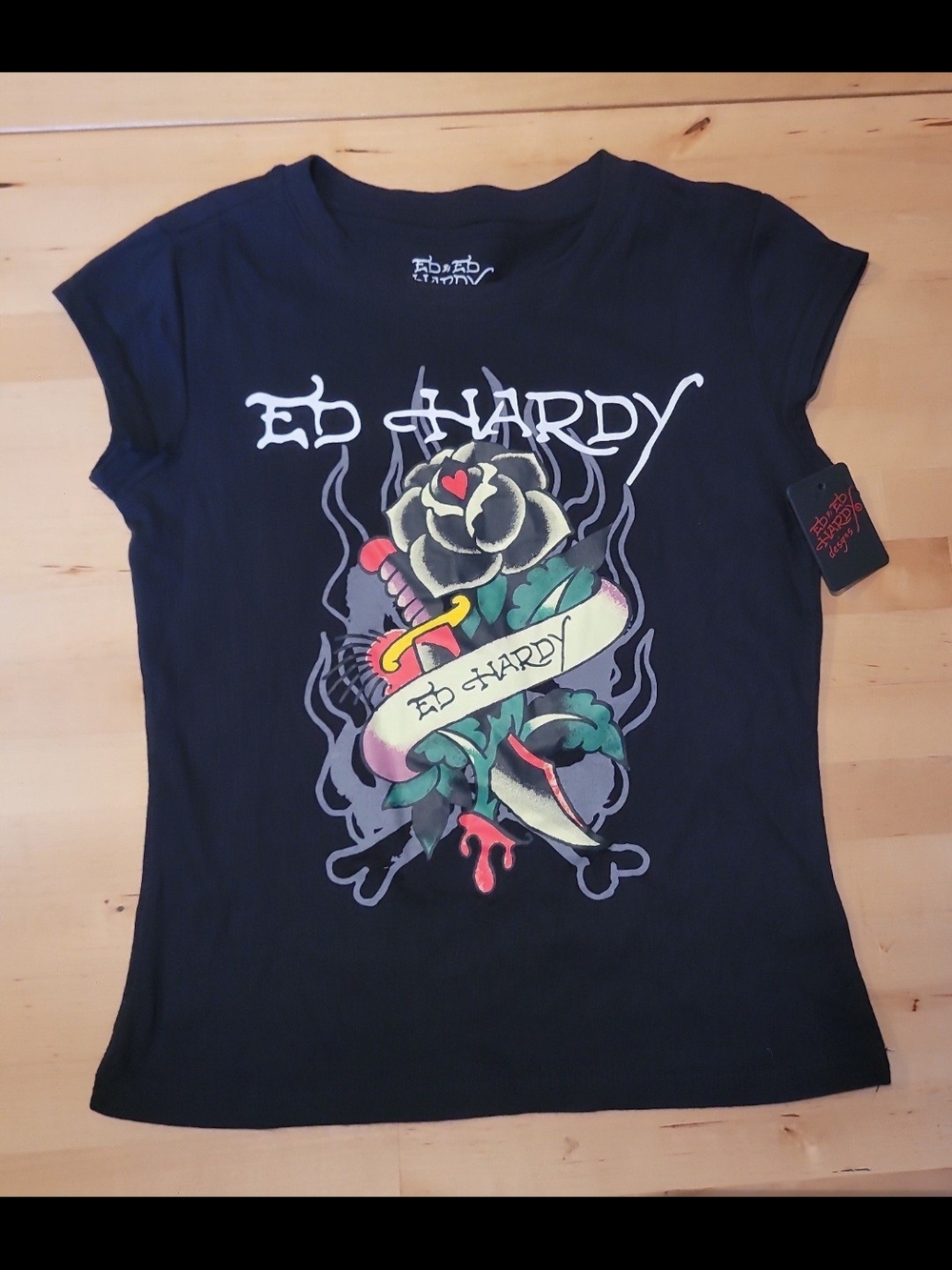 Ed Hardy Black Tee with Multicolor Rose and Dagger Graphic